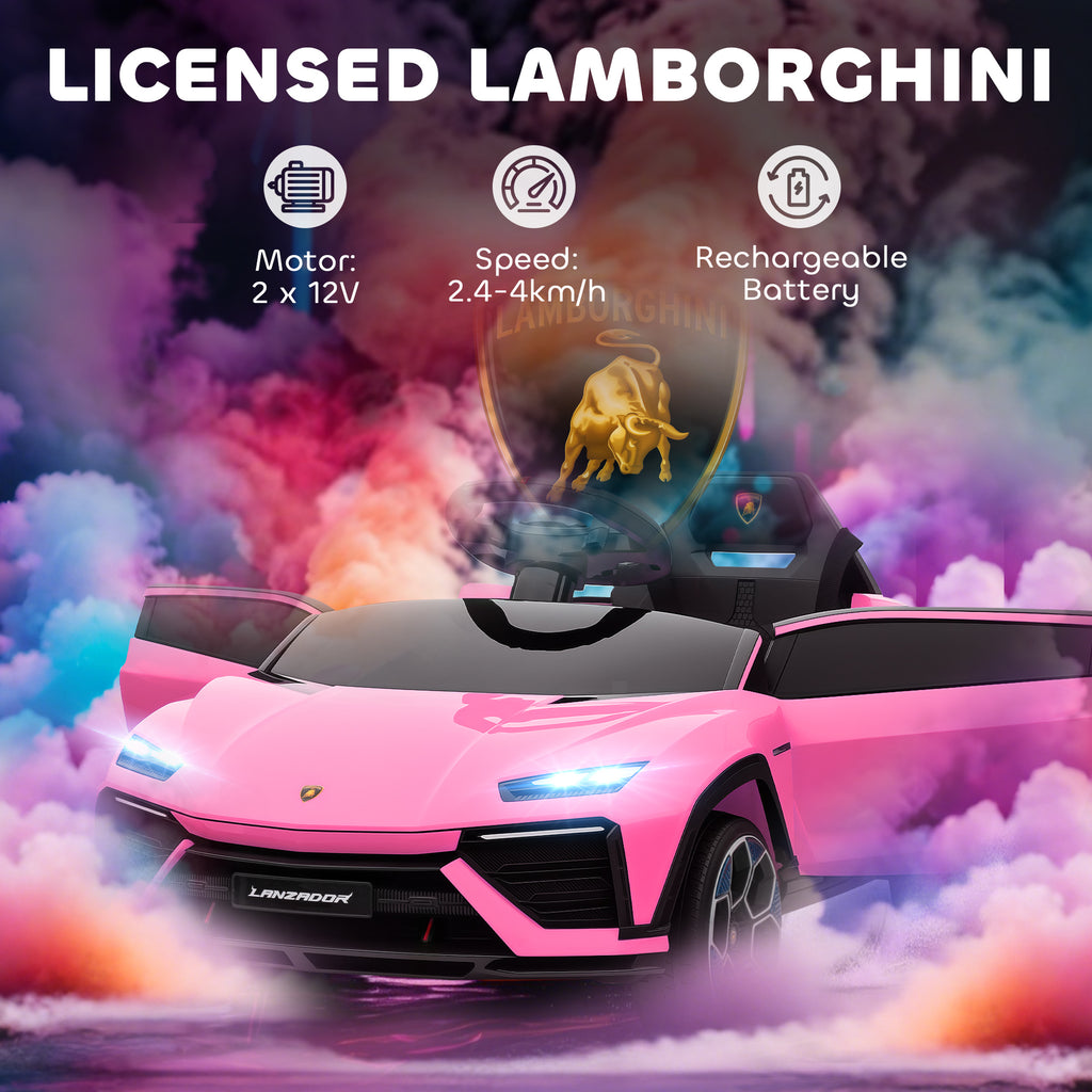 12V Licensed Lamborghini Electric Cars For Kids, Ride On Car With Remote Control For 3-6 Years Old, Pink