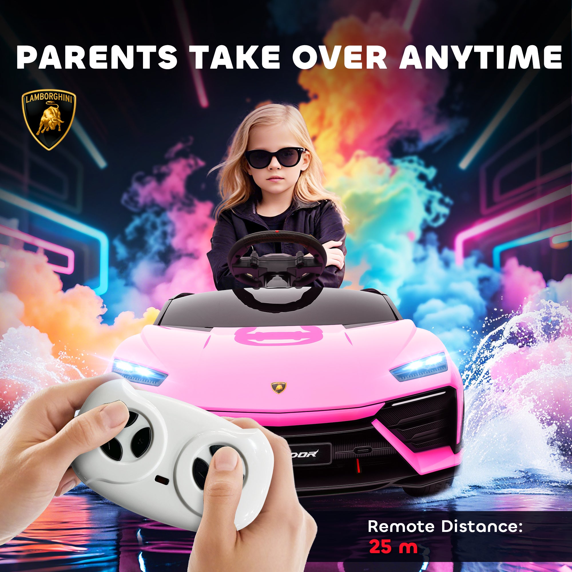 12V Licensed Lamborghini Electric Cars For Kids, Ride On Car With Remote Control For 3-6 Years Old, Pink
